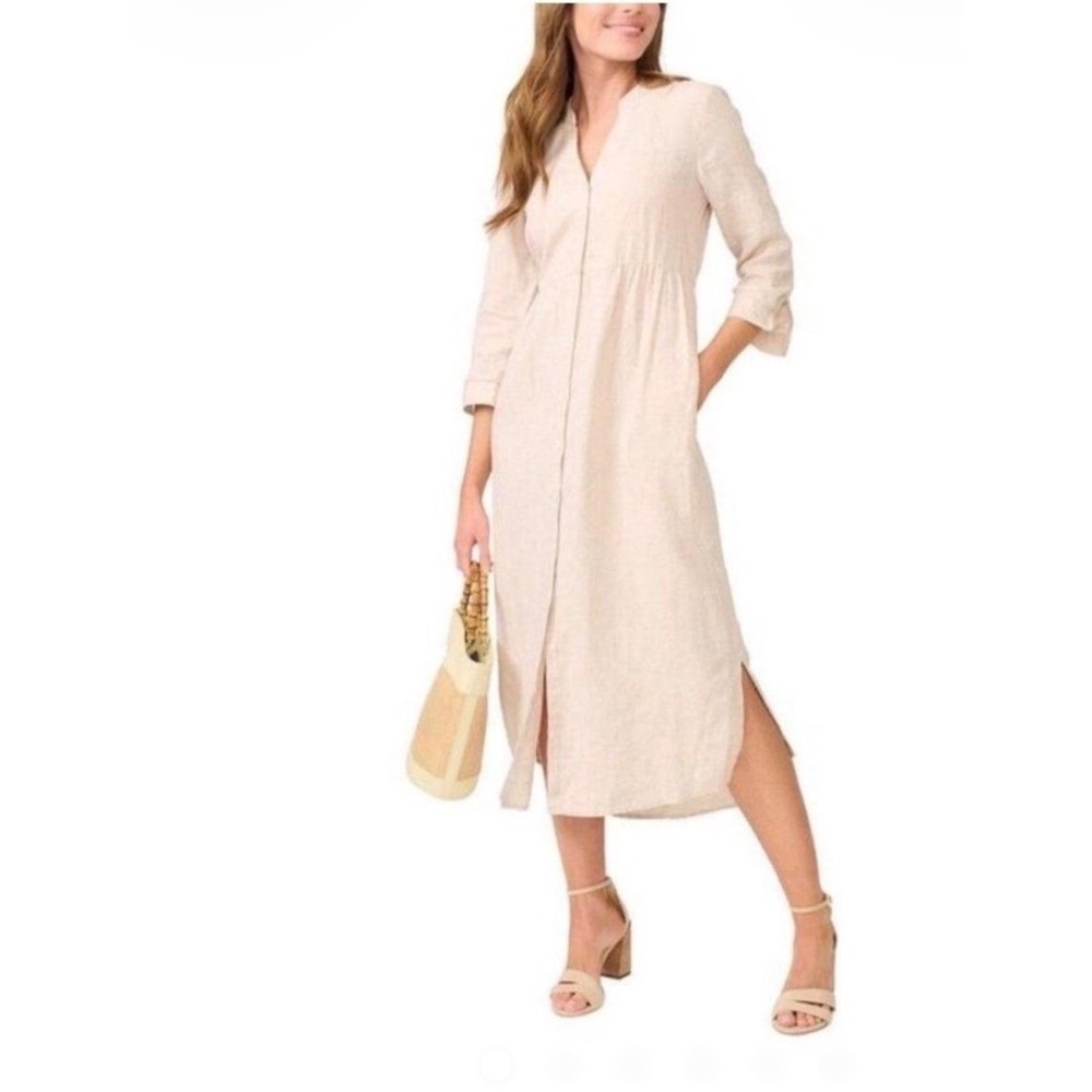 J.McLaughlin Linen Ceylon Midi Dress Women Large Beige Button Front Old Money